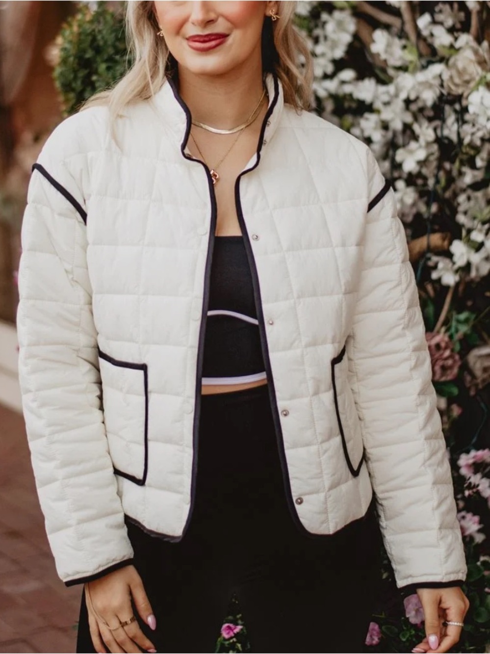 Katydid White Quilted Jacket with Black Trim